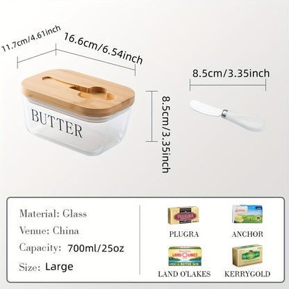700 ml Clear Glass Butter Dish with Bamboo Lid, Knife Slot and White-Handle Spreader for Counter or Fridge