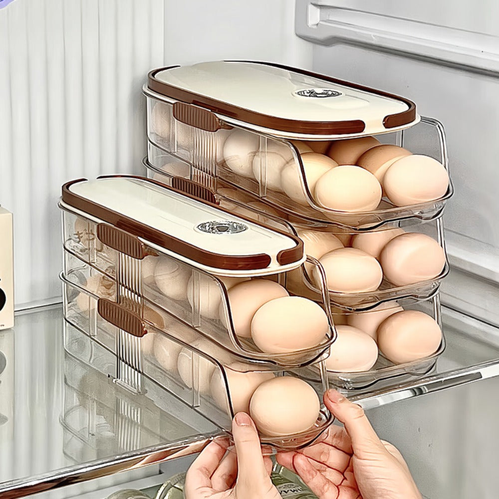 Egg Rack Kitchen Organizer Double-Row Auto-Rolling Dispenser with One, Two or Three Layer Options