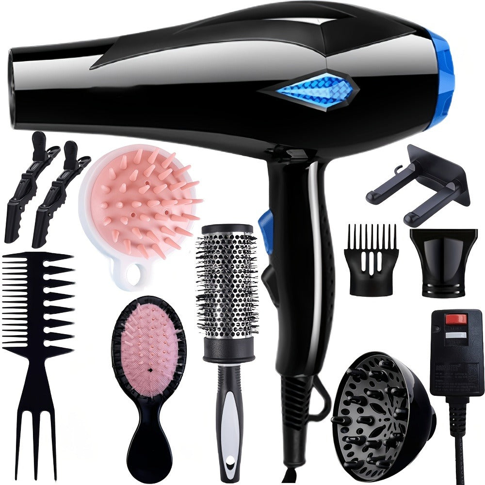 Brushless Motor Hair Dryer Set with Accessories - Professional Blow Dryer Kit Concentrator Nozzle Comb Clips 2 Modes 3 Speeds Ionic Anti-Frizz Home Salon Travel Black White Blue Green
