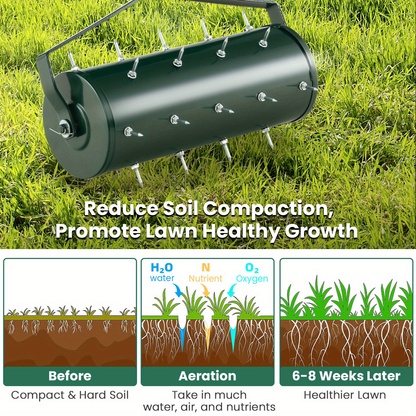 Rotary Lawn Aerator 18" Spike Drum with 27 Galvanized Steel Spikes, Fillable with Sand or Stone, 51" Anti-Slip Handle for Deep Soil Aeration Lawn Garden Yard