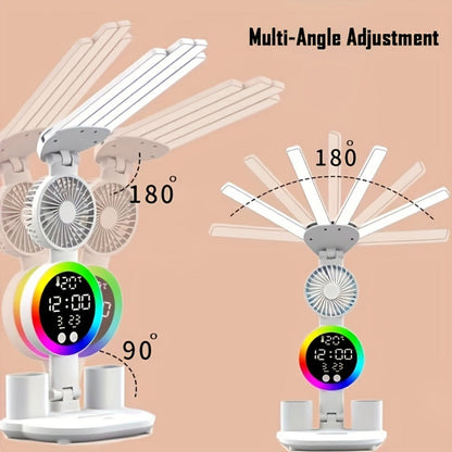 Multifunction LED Desk Lamp with Dual Light Bars, Built-In Fan, Digital Clock Display and One- or Two-Pack Options