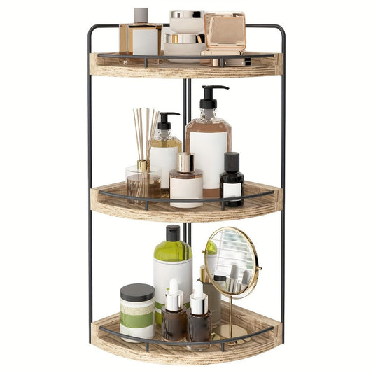 3-Layer Rustic Corner Countertop Storage Rack – 16.93" Wooden Vanity Organizer & Space-Saving Shelf for Bathroom, Kitchen & Bedroom – Farmhouse Corner Shelf for Countertop Display & Organization