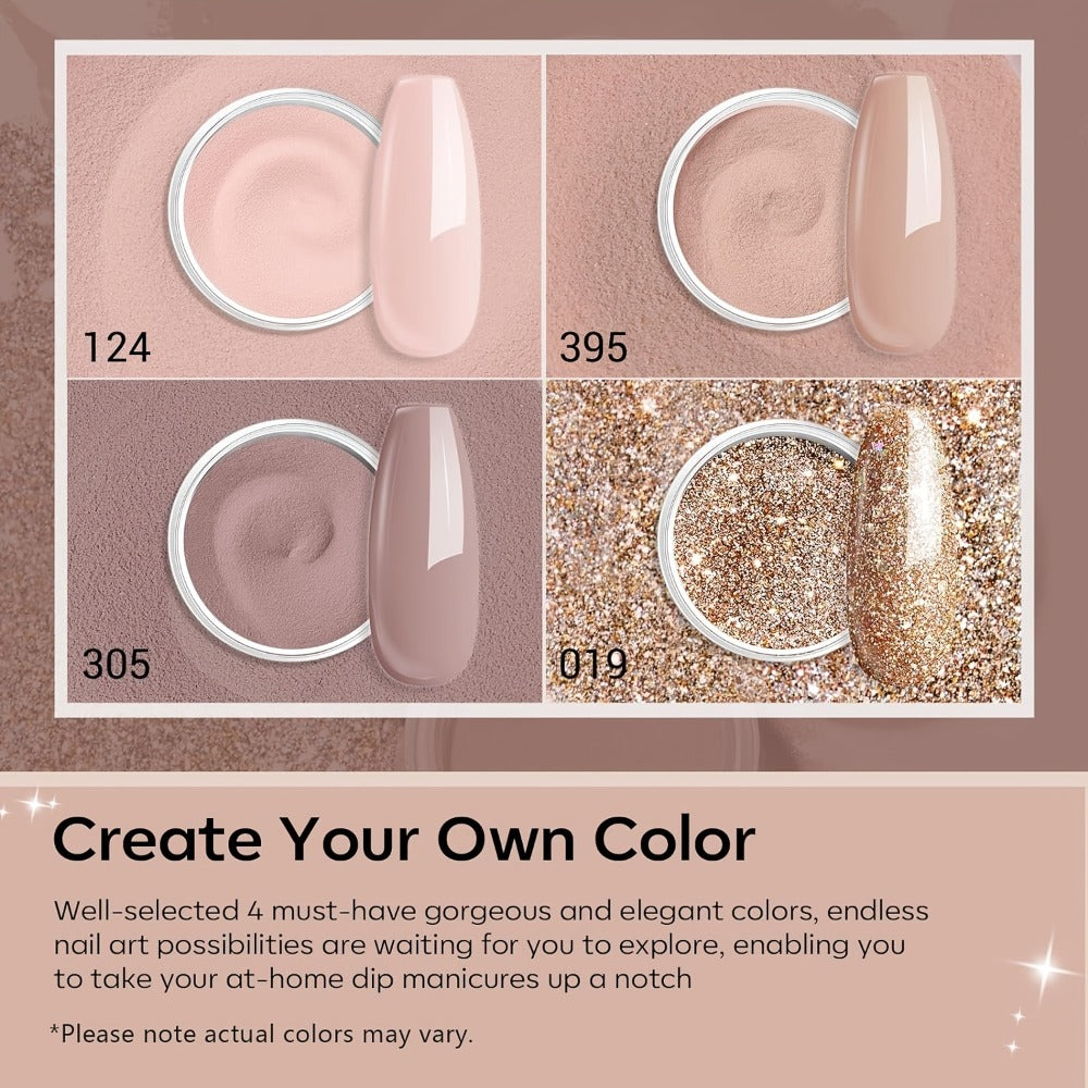 Dip Powder Nail Kit with YANYILIKE Label, Four Nude Gold Glitter Powders, Three 10ml Liquids and Four Tools