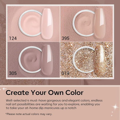Dip Powder Nail Kit with YANYILIKE Label, Four Nude Gold Glitter Powders, Three 10ml Liquids and Four Tools