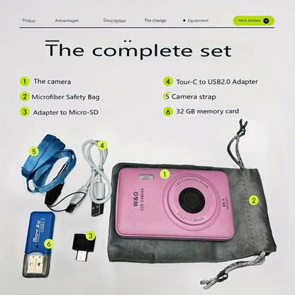 Digital Camera W810 with 64MP Capture Marking, 1080P Video, 16X Digital Zoom, 2.4-Inch Screen and 32GB Card