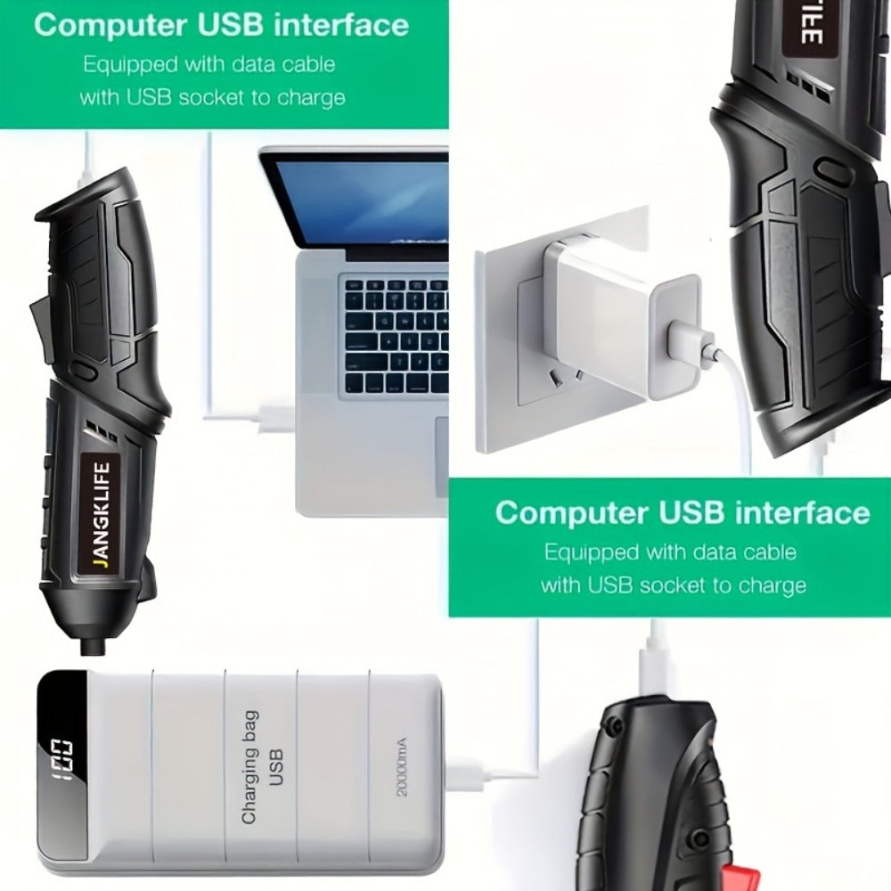 Sixteen-Piece Electric Screwdriver Set, 90-Degree Rotatable Cordless Driver with 1200mAh Rechargeable Battery