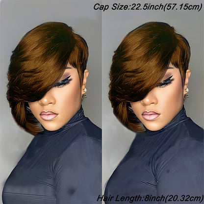 Layered Pixie Human Hair Wig with Side Bangs in #4 Brown, #99J Burgundy or #1 Black Color Options