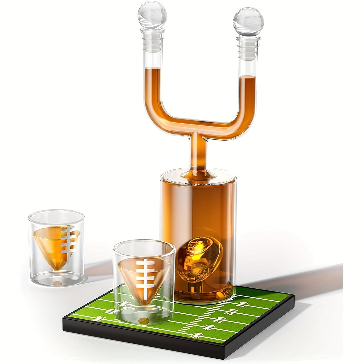 Football Goalpost Whiskey Decanter Set with 28 oz Bottle, Two 3.8 oz Game-Day Glasses and Field Display Base