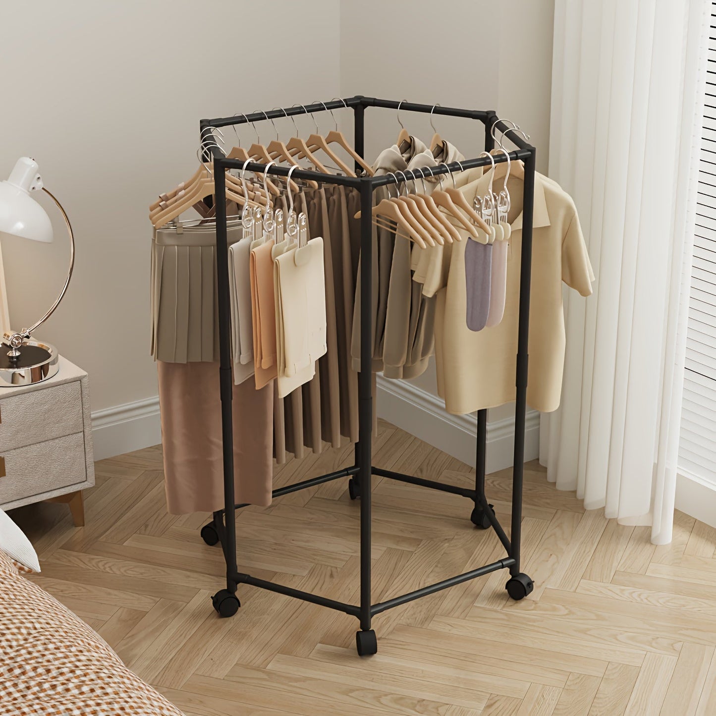 Rotating Hexagonal Garment Rack with Six-Sided Hanging Frame, Casters and Black or White Mesh-Bag Options