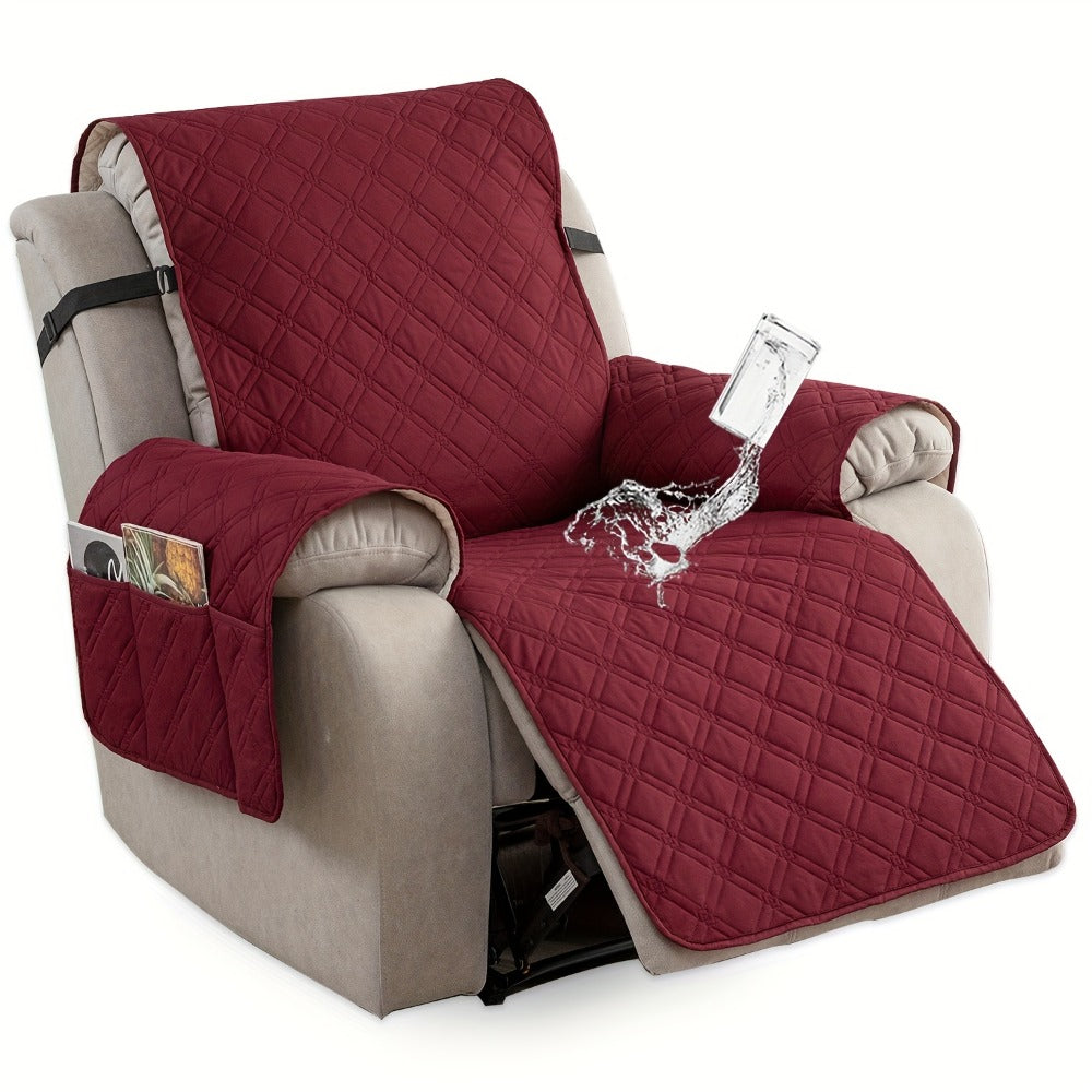 Quilted One-Piece Recliner Chair Cover with Side Pockets, Back Buckle Strap and 11 Color Options