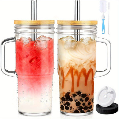 Handled Glass Tumbler Drinkware Set, 24oz Mason-Style Cups with Bamboo Lids, Straws and Brushes in 2 or 4 Pieces