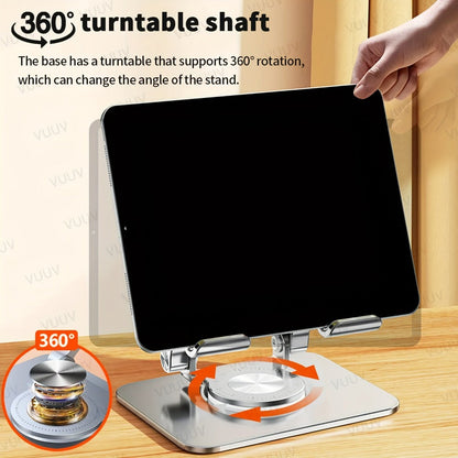 360 Rotating Tablet Stand for iPad, Foldable Adjustable Iron Flat Stand for Desk Home Office, Compatible with iPad Pro Air Mini and Most Tablets, Silver and Black