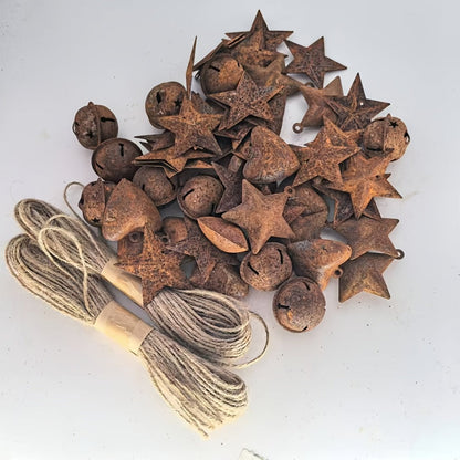 62-Piece Rustic Christmas Bell and Star Craft Set with Heart Shapes and Two 10 m Rope Rolls
