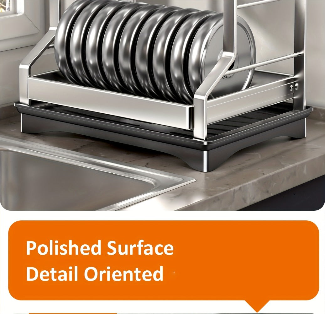 Stainless Steel Two-Tier Dish Drying Rack with Drainboard, Cup Holders, Utensil Caddy and Lid Rack