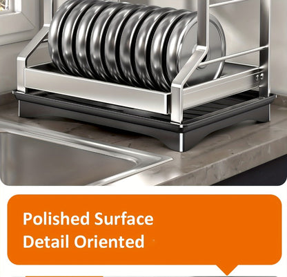 Stainless Steel Two-Tier Dish Drying Rack with Drainboard, Cup Holders, Utensil Caddy and Lid Rack