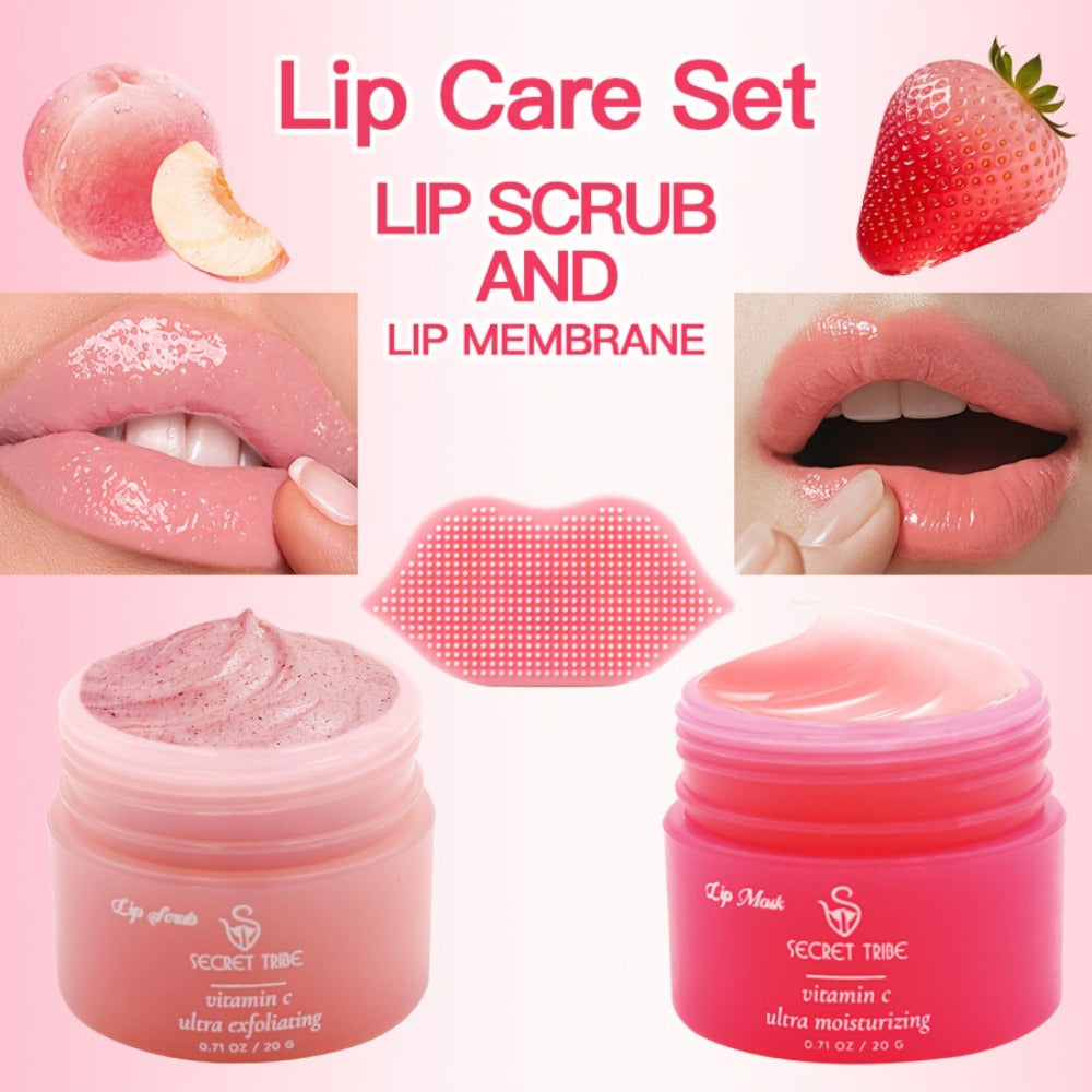 Three-Piece Lip Care Set with Lip Mask, Balm, Scrub and Brush in Strawberry and Peach-Labeled Format