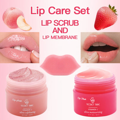 Three-Piece Lip Care Set with Lip Mask, Balm, Scrub and Brush in Strawberry and Peach-Labeled Format