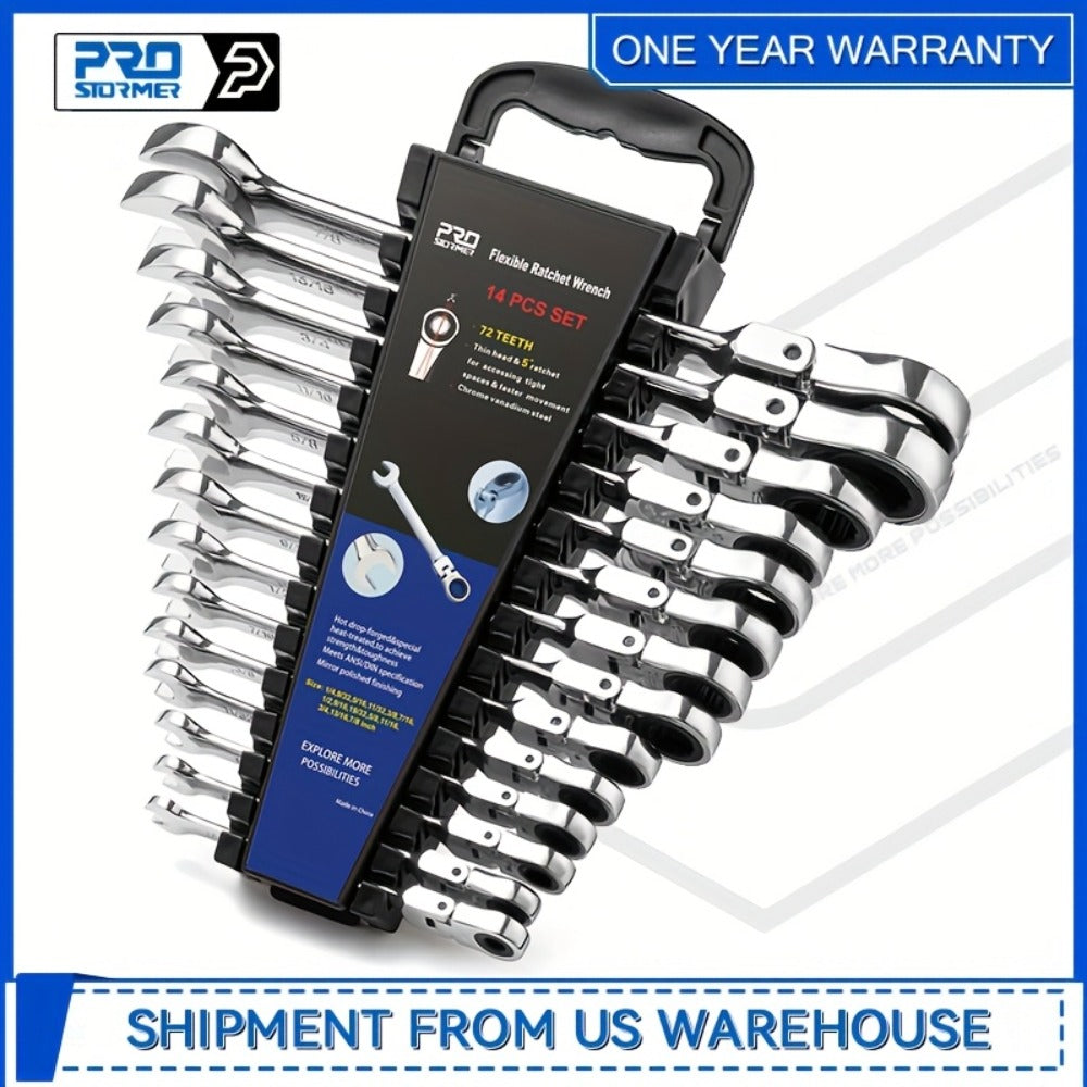 Flex Head Ratcheting Wrench Set SAE 14-Piece - 1/4" to 7/8" Chrome Vanadium Steel 72-Tooth 180° Flex Head with Organizer Rack for Auto Mechanical Repair