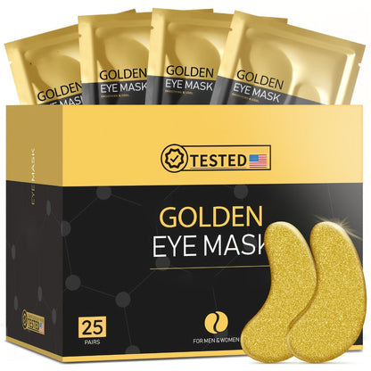 Golden Under-Eye Mask Set with 25 Pairs of Individually Packed Gold Gel Patches in a Black-and-Gold Box