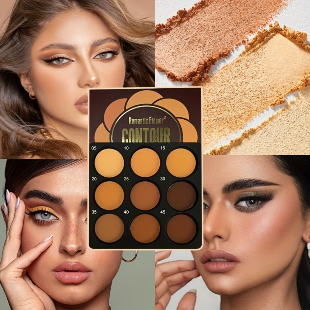 Nine-Color Contour and Face Makeup Palette with Mixed Light, Medium and Deep Pans in One Compact