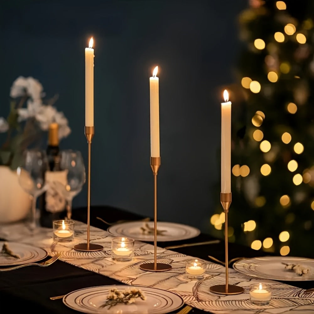 Metal Taper Candle Holder Set of Six with 23cm, 28cm and 33cm Graduated Stems in Gold, Rose Gold or Black