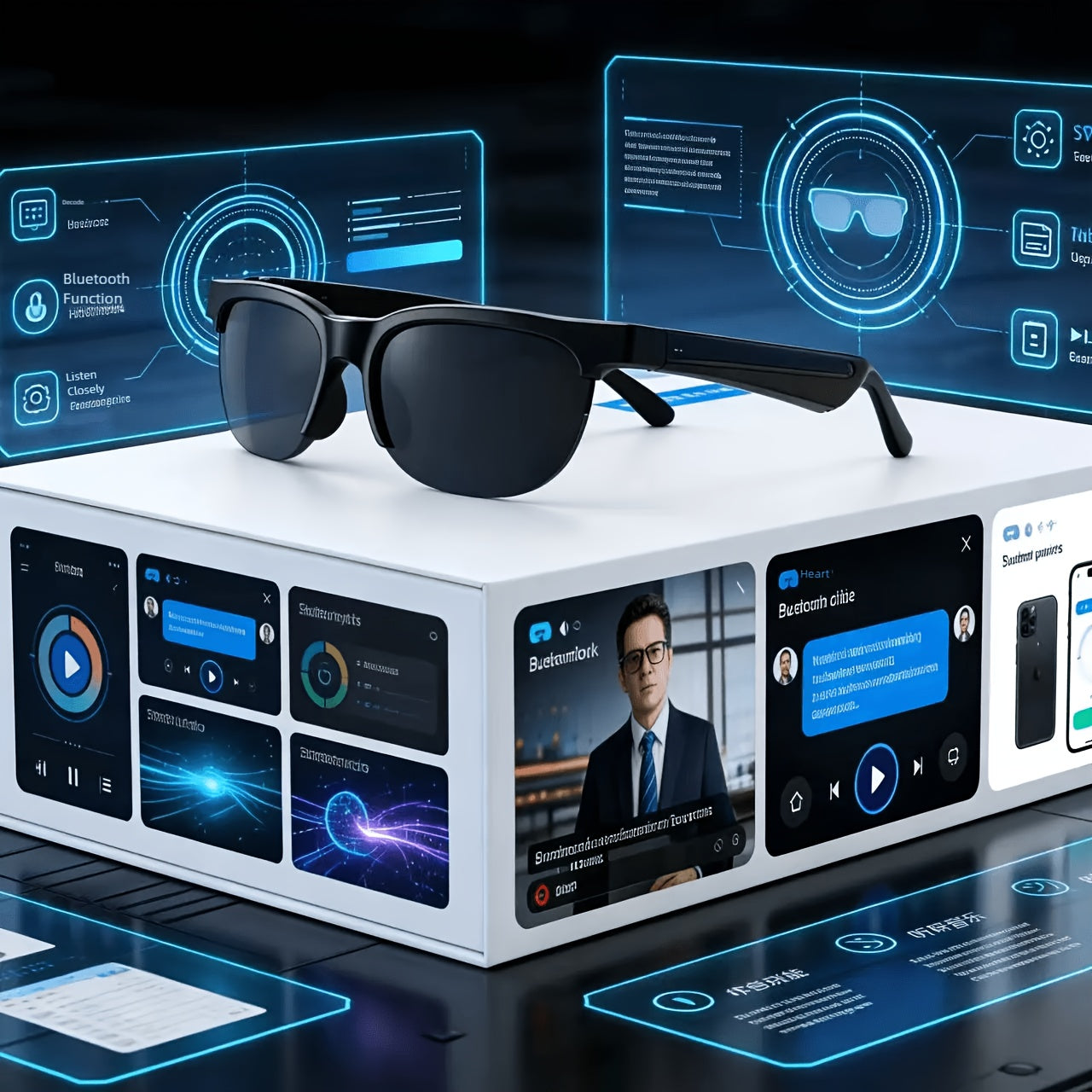 Smart Glasses Translation Eyewear with Photochromic Lenses, Wireless Earphones, Microphone and Rechargeable Battery