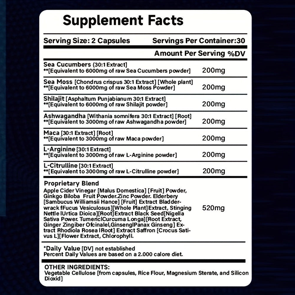 Dietary Supplement Capsules with SXNWSN Label, Sea Moss, Shilajit, Maca, L-Arginine and 60 or 120 Count