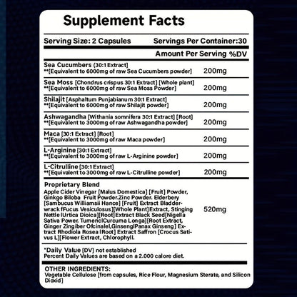Dietary Supplement Capsules with SXNWSN Label, Sea Moss, Shilajit, Maca, L-Arginine and 60 or 120 Count