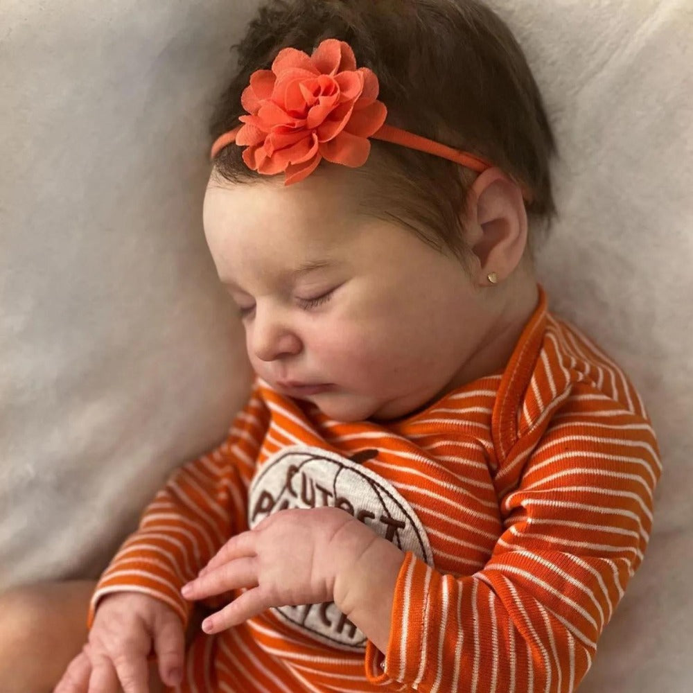 Reborn Baby Doll 20-Inch Sleeping Cloth Body with Rooted Hair, Orange Outfit, Pacifier, Bottle and Certificate