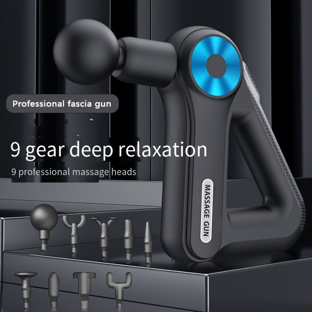 Triangular-Handle Massage Gun with Nine Pictured Attachment Heads, Blue Control Dial and Black Finish