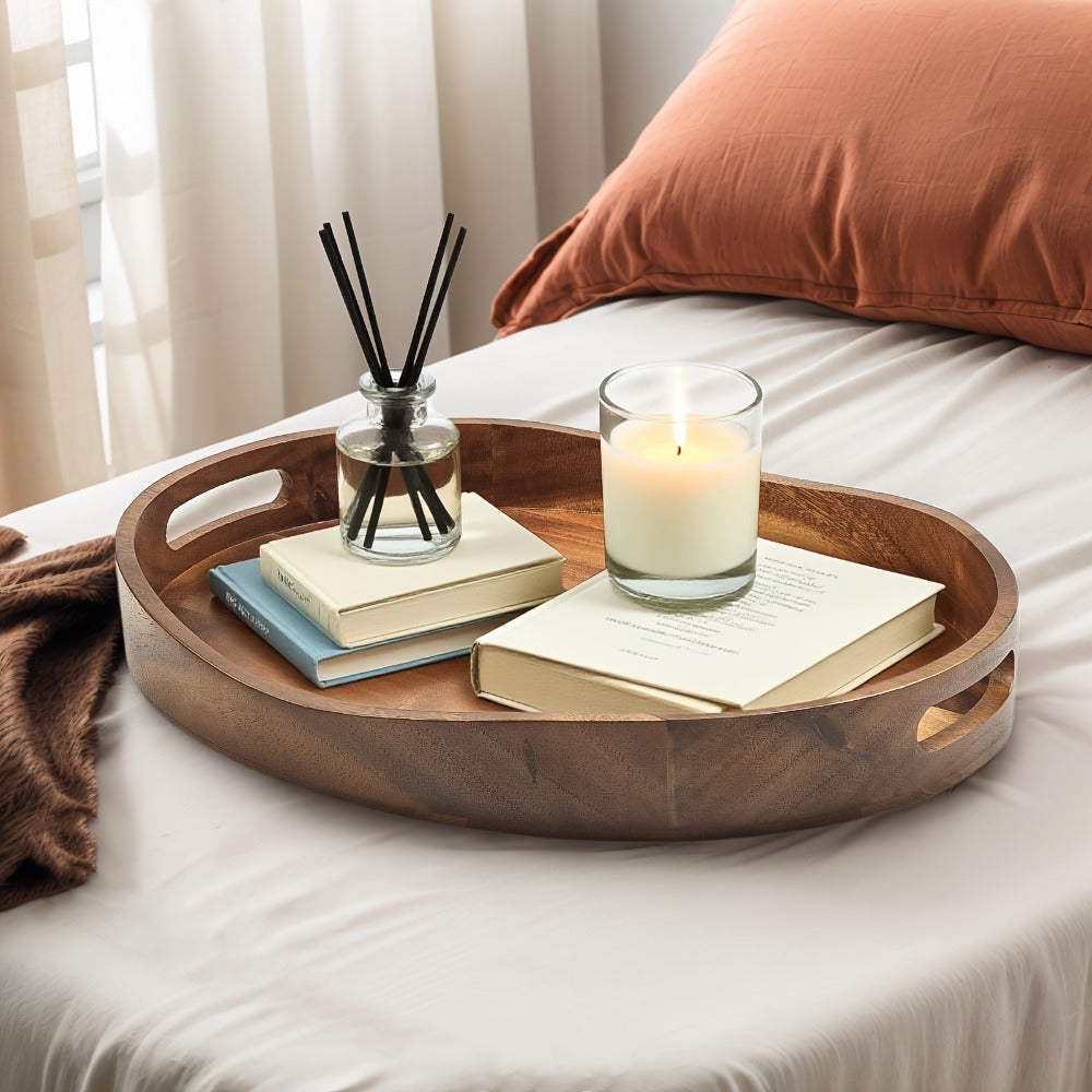 Oval Acacia Wood Serving Tray with Integrated Handles and Pictured 16.9 x 13-Inch Dimensions