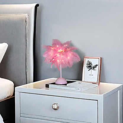 Night Light Feather Table Lamp with 40-Head Copper-Wire LEDs in White, Pink or Two-Piece Pink Options