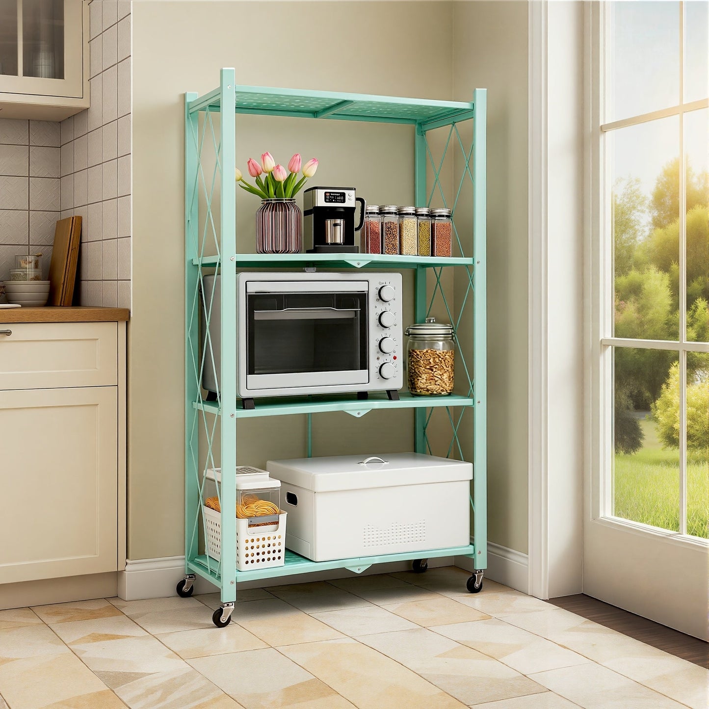 Foldable Storage Rack with Lockable Wheels 3 4 5 Tier Carbon Steel No Assembly Space Saving Floor Standing Shelf for Bedroom Balcony Garden