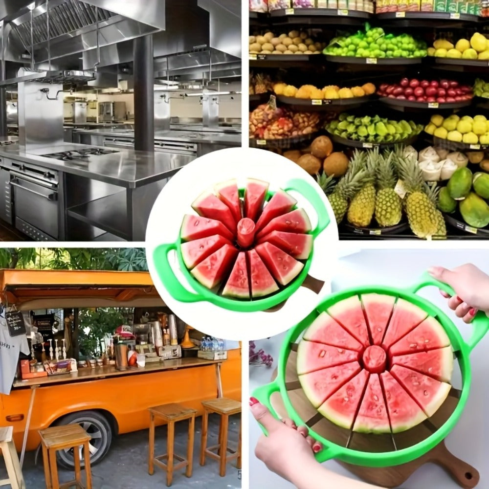 Round Watermelon Slicer Tool with Dual Green Handles, Central Coring Ring and Radial Metal Cutters