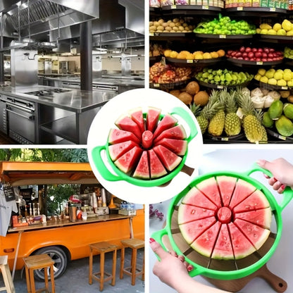 Round Watermelon Slicer Tool with Dual Green Handles, Central Coring Ring and Radial Metal Cutters