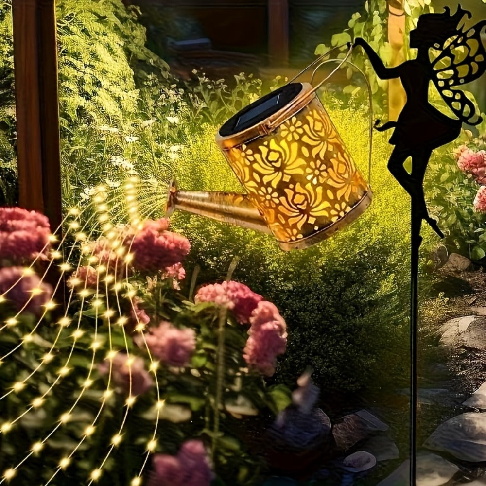 Solar Garden Lights 2-Piece Watering Can Waterfall String Lights, IP65 with Ground Stakes Set