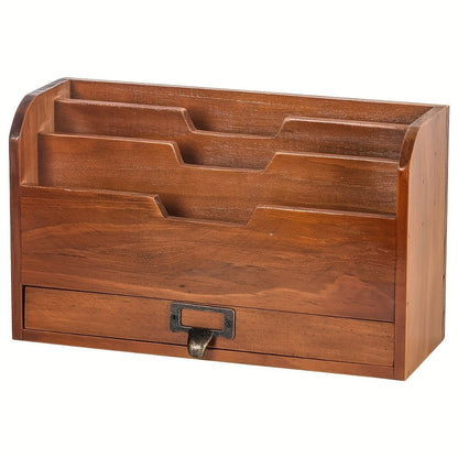 Wooden Desktop File and Letter Organizer with Tiered Compartments, Lower Drawer and 29.5 cm Wide Body