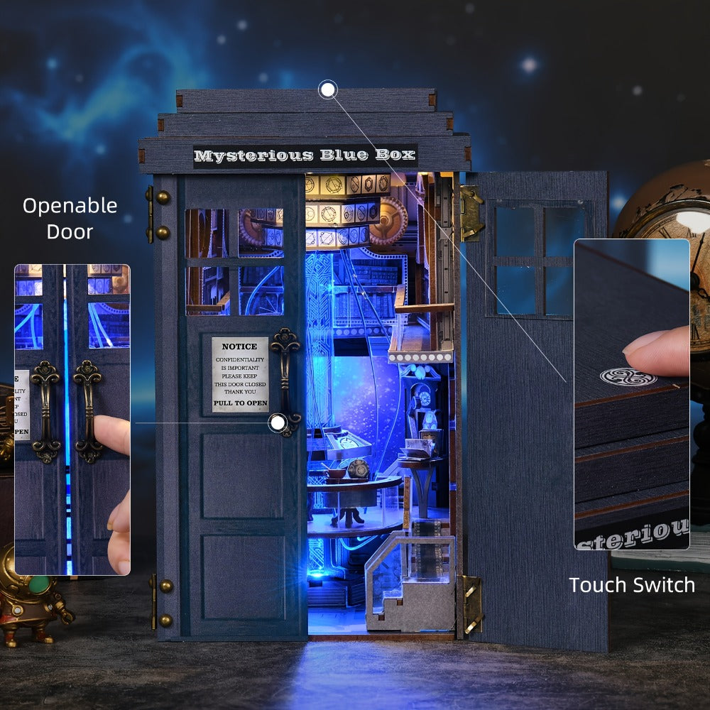 Mysterious Blue Box Book Nook Kit CH08 with 368-Piece Fantasy Workshop Scene and Touch-Controlled Blue Light