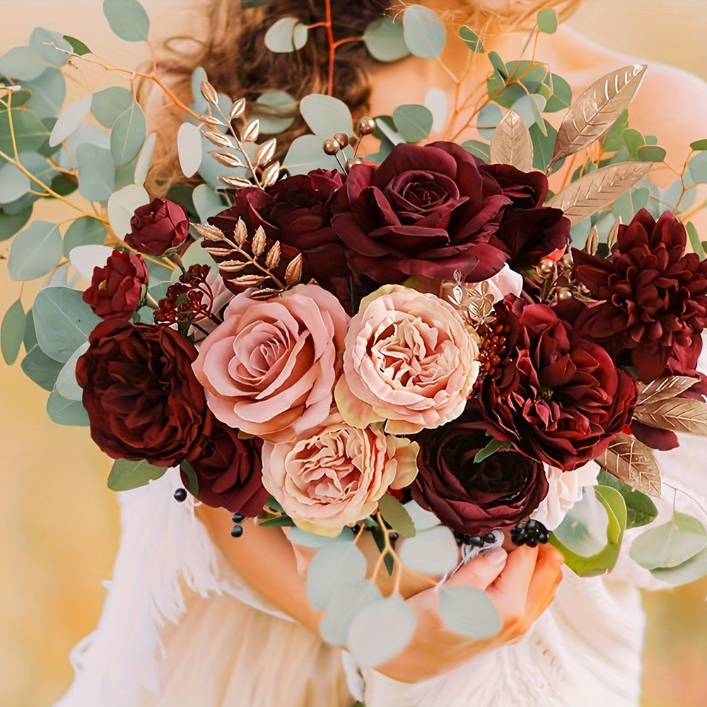 Artificial Flowers 12-Piece Wine Red Plastic Rose Bouquet for Wedding, Halloween and Tabletop Decor
