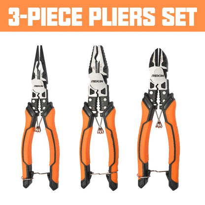 Pliers Set 9-in-1 Multi-Function Industrial Grade, 8.5" Lineman Pliers, 8.5" Long Nose Pliers, 8" Diagonal Side Cutters, CRV Steel TPR Handle Wire Stripper Crimper Cutter for Electrical & Auto Repair