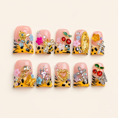 Press On Nails 10-Piece Short Duck-Tip Acrylic Set with Cherry, Bee, Flower, Cross and Star Designs