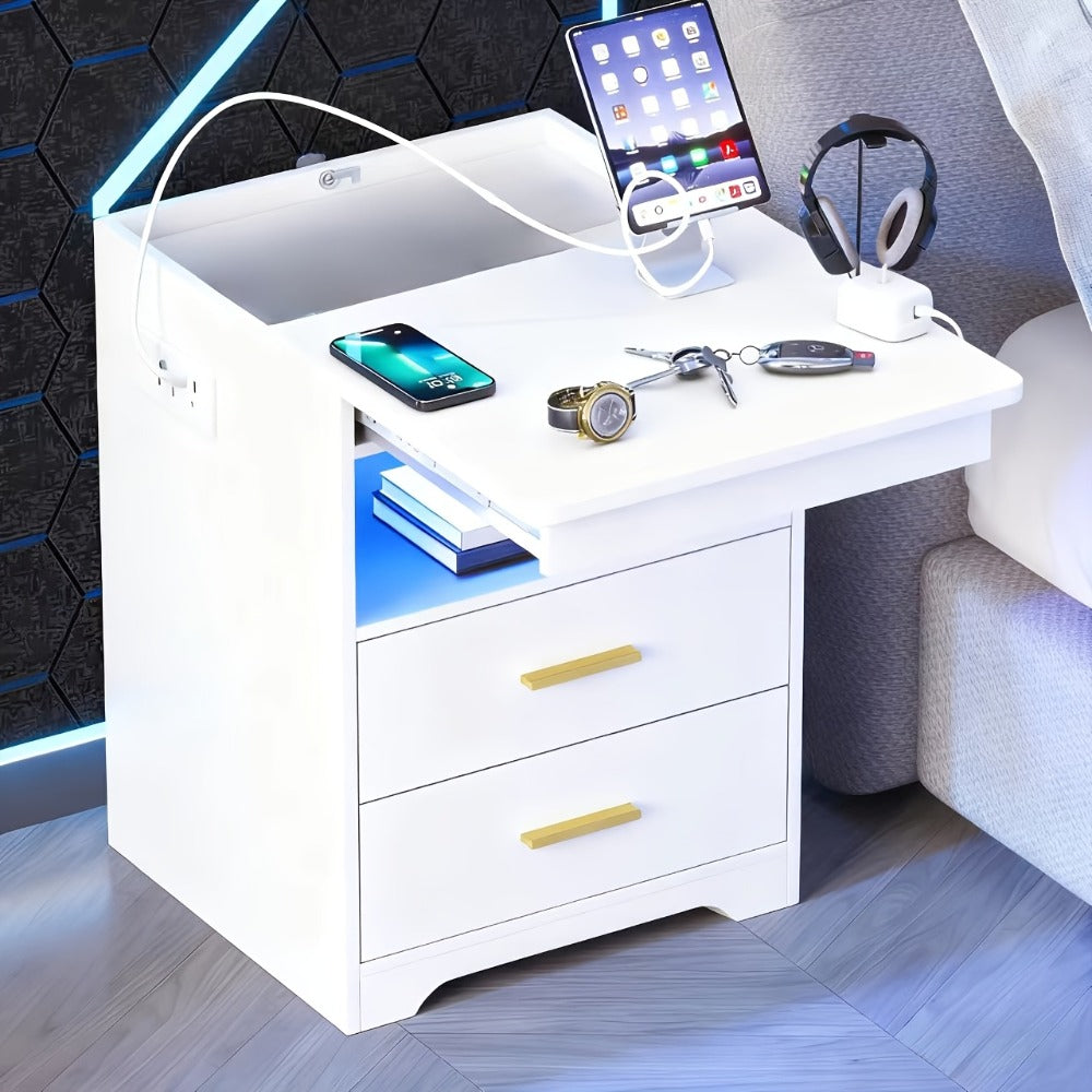 Nightstand Two-Drawer Bedside Table with Lockable Hidden Tray, Charging Station and 16-Color RGB Light