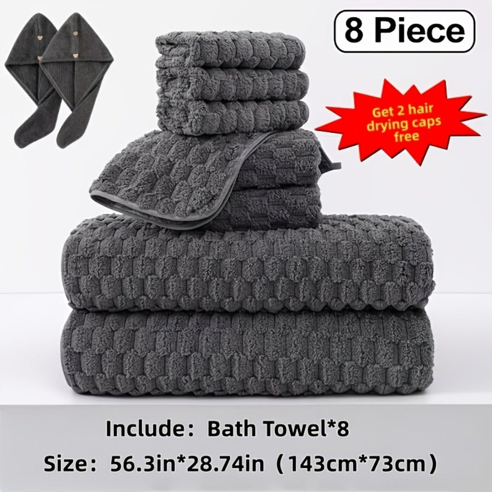 Towel Set 4 or 8 Piece Microfiber Collection with Hair-Drying Cap Options in Four Colors for Home and Guest Use