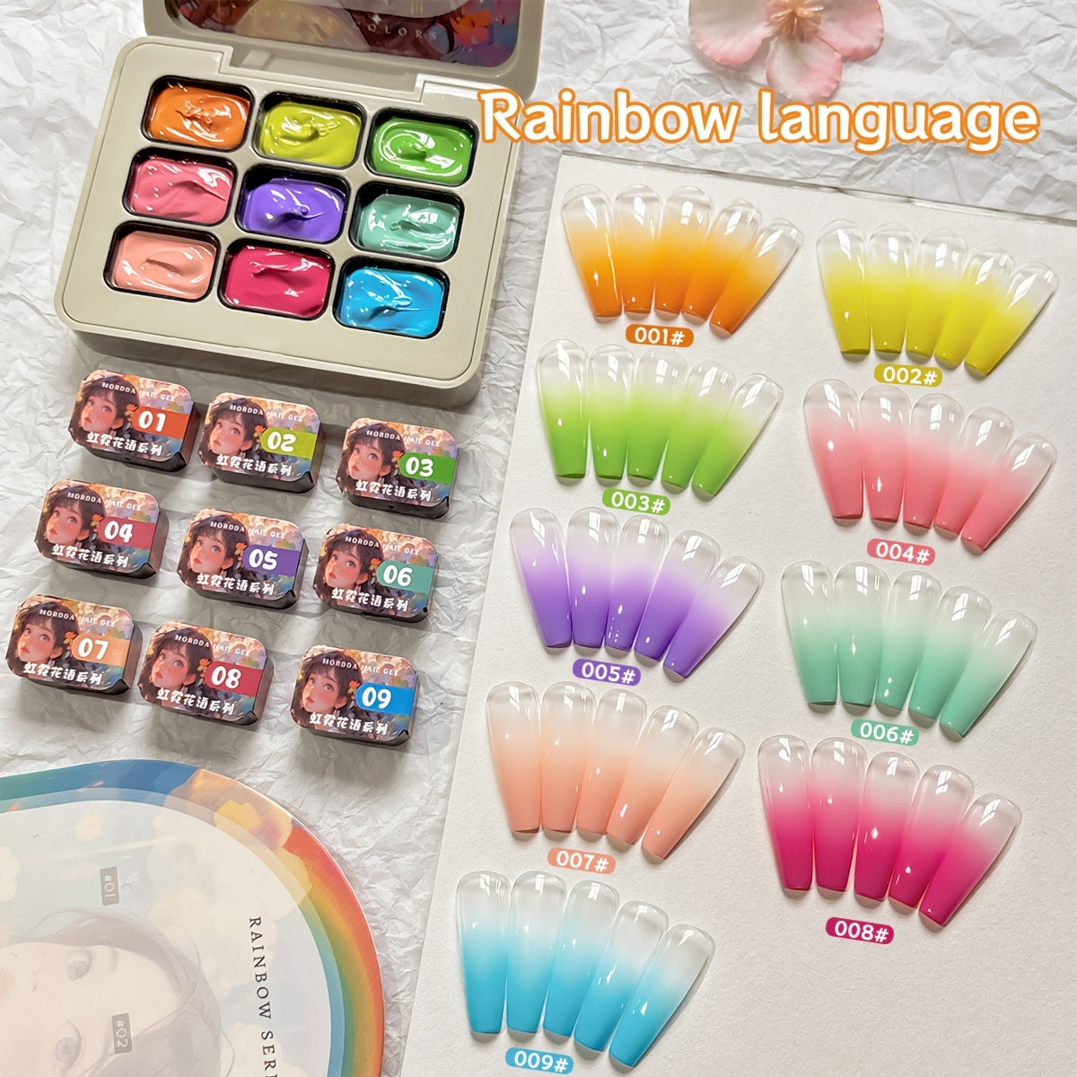 Gel Nail Polish MORDDA Nine-Color Rainbow Grid Set for Gradient and Ombre Manicure Art in One Compact Case
