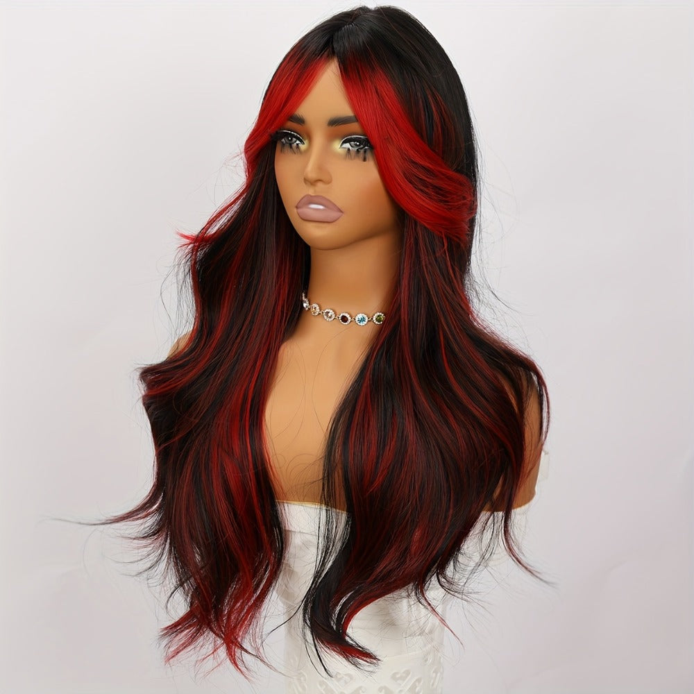 Synthetic Wig 24-Inch Straight Style with Red Highlights, A-Shape Bangs and Adjustable Rose Net Cap