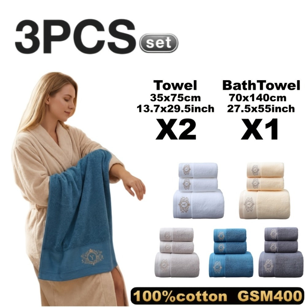 Three-Piece Towel Set with Two Hand Towels and One Bath Towel in Four Embroidered Color Options