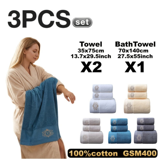 Embroidered Cotton Towel Set 3-Piece – 400g/㎡ Soft Absorbent Lint-Free Bath Towel Hand Towel Set for Home Spa Salon
