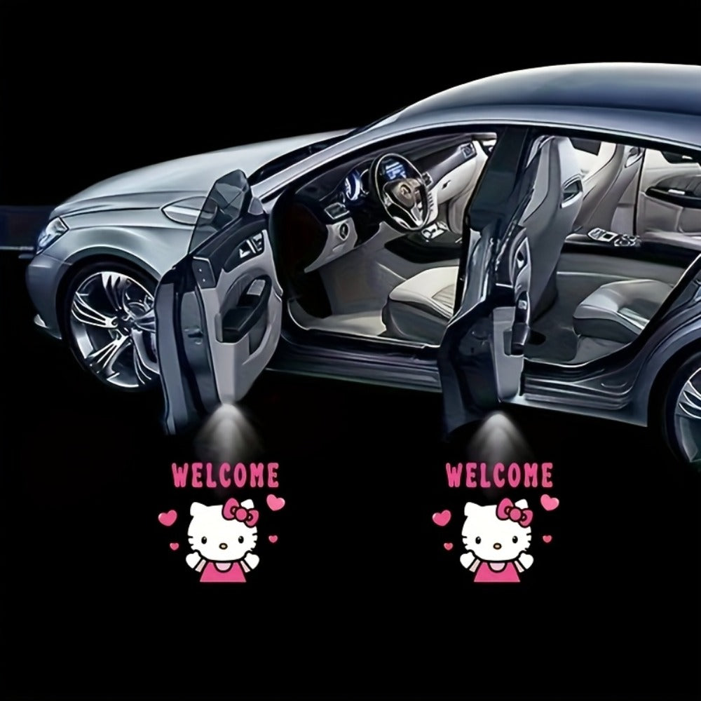 Car Door LED Projector Lights – Hello Kitty Cartoon Shadow Light, Wireless Puddle Light, Ground Projection Lamp for Car Accessories (Set of 2, No Battery)