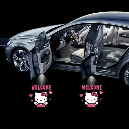 Car Door LED Projector Lights – Hello Kitty Cartoon Shadow Light, Wireless Puddle Light, Ground Projection Lamp for Car Accessories (Set of 2, No Battery)