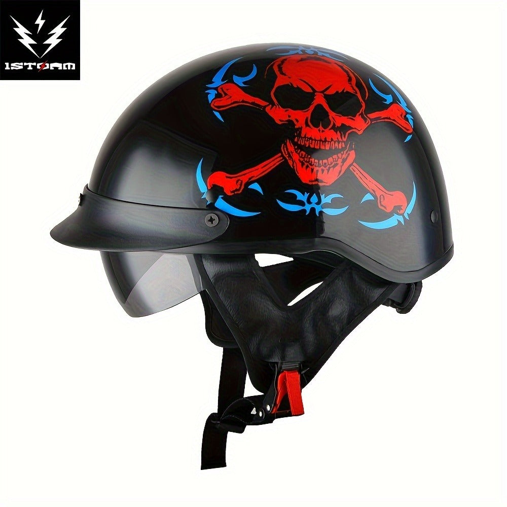 Motorcycle Half Face Helmet – Retractable Smoked Visor, Adjustable Inner Visor, Lightweight Aerodynamic Design, Goggle Compatible, Sizes S–XL